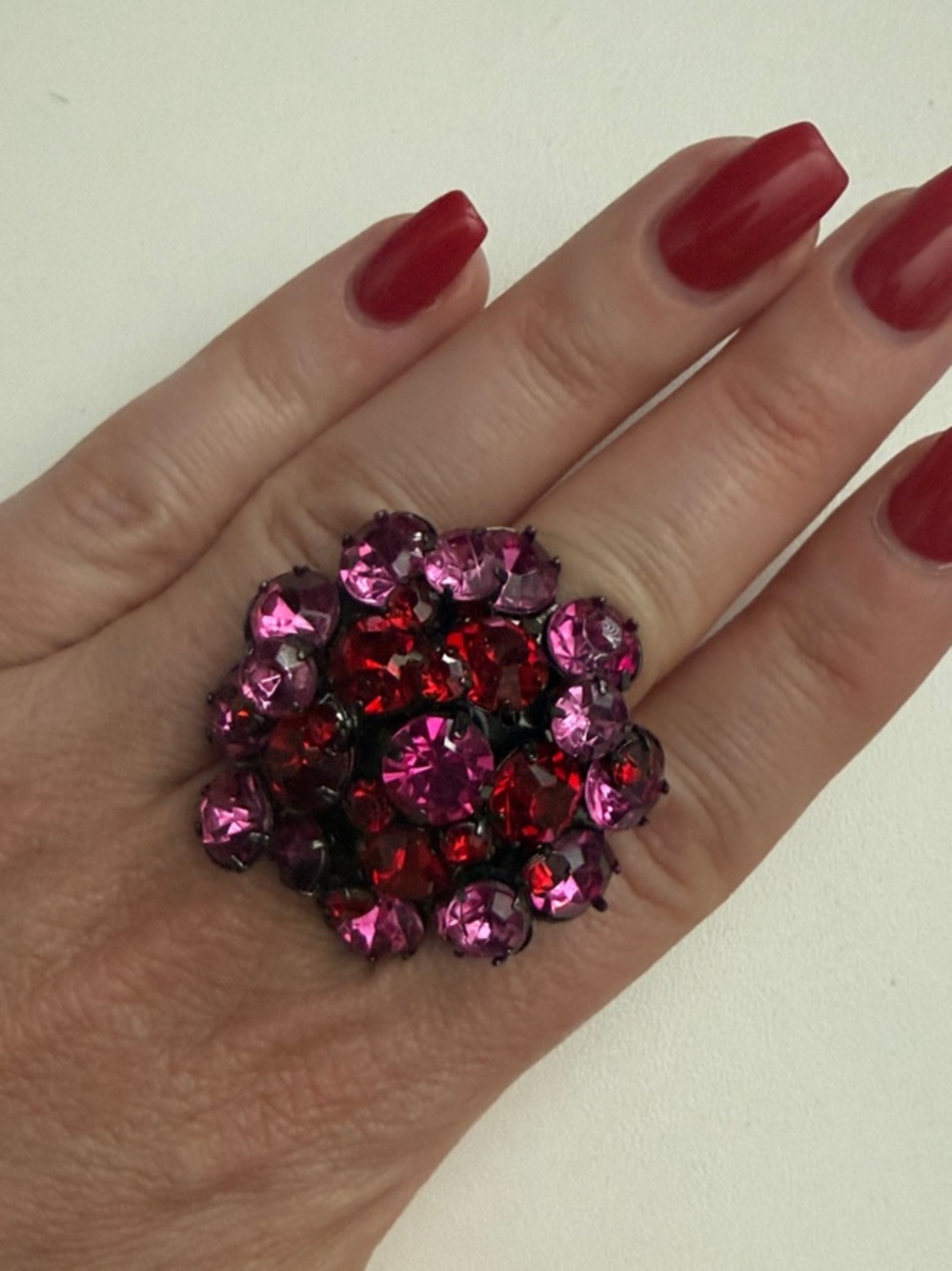Statement Pink and Red Crystal Cocktail Ring